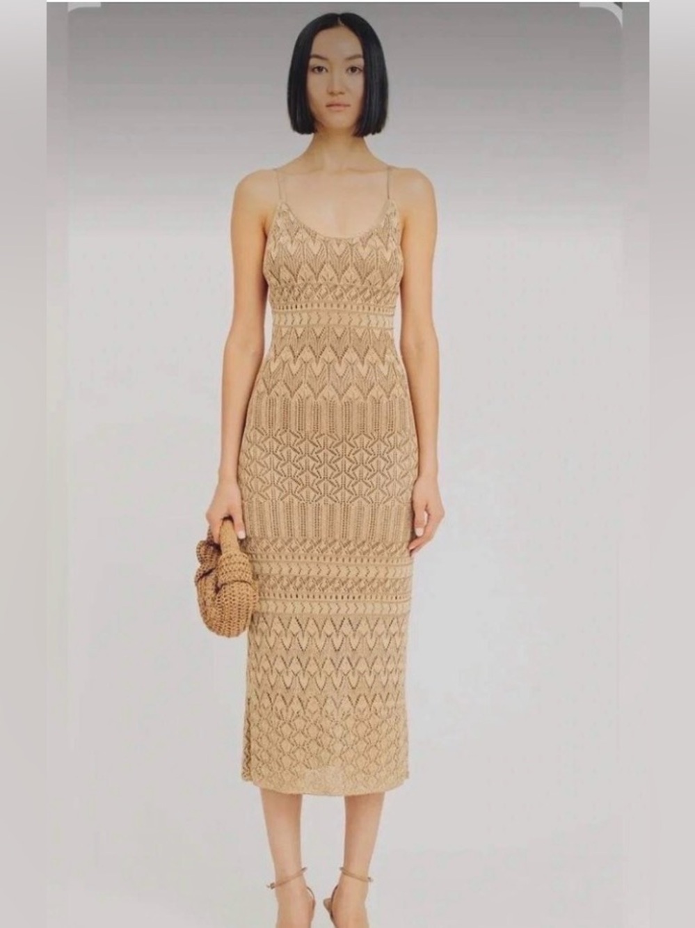 Torn by Ronny Kobo Metallic Gold Tan Pointelle Knit Slip Midi Dress S